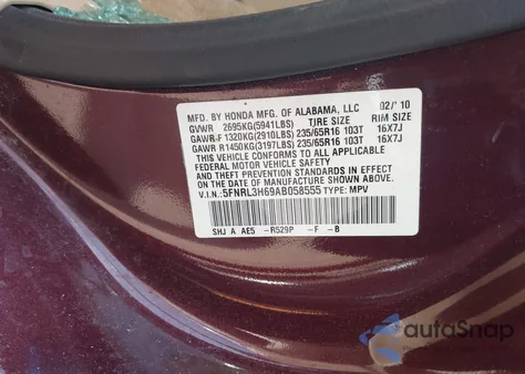 2010 Honda Odyssey Ex-L z USA, uszkodzony, nr VIN 5FNRL3H69AB058555